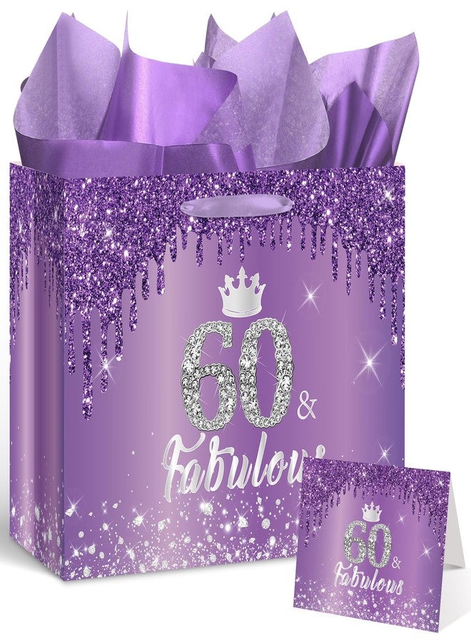 Yoirrat Purple Silver 60th Birthday Gift Bag for Women 60 & Fabulous Large Purple Happy 60th Birthday Gift Bag with Wrapping Paper and Card for 60th Bday Decorations Party Supplies - Image 1